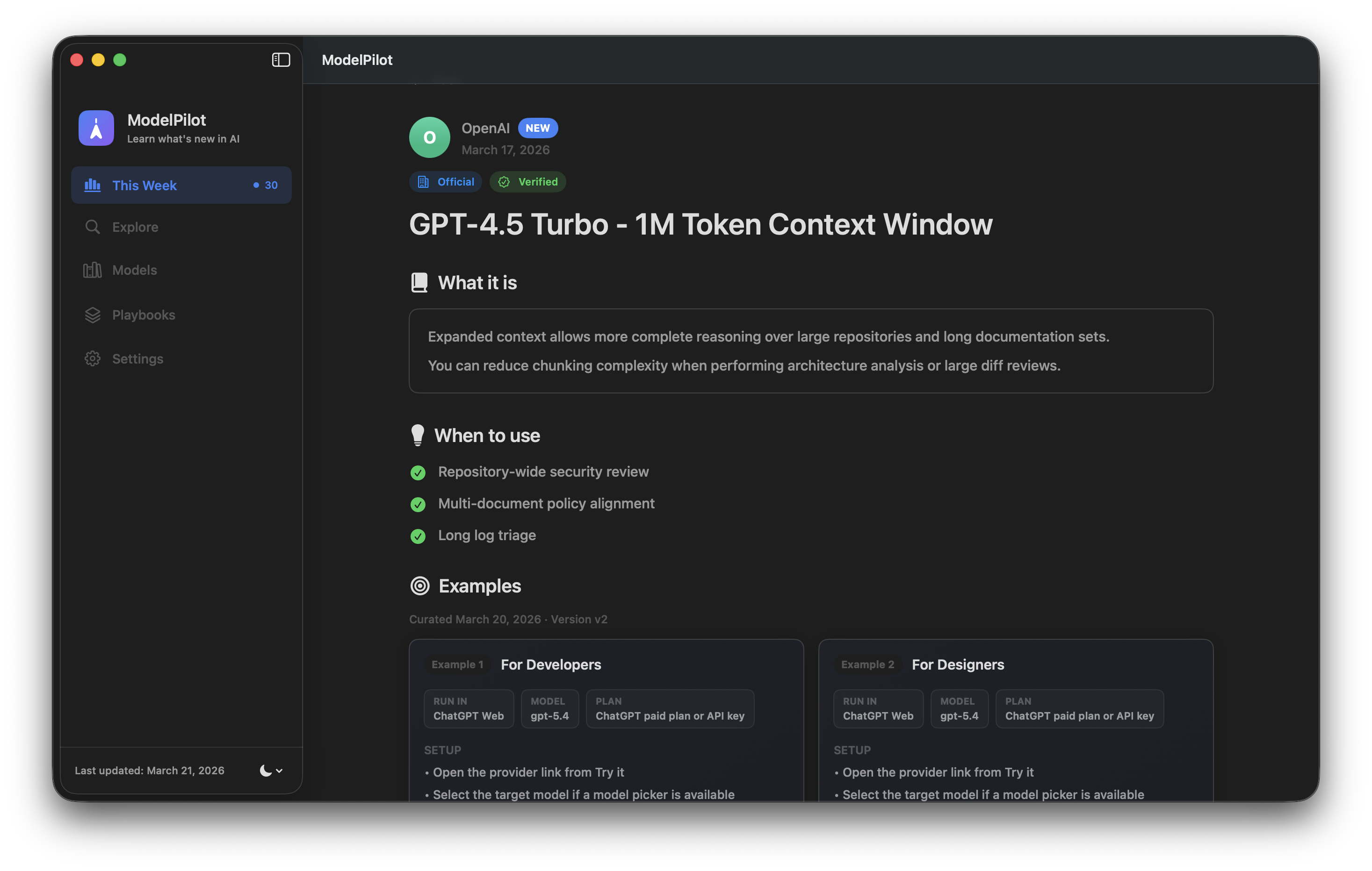 ModelPilot detail screen showing an AI update summary, when-to-use guidance, and curated examples.