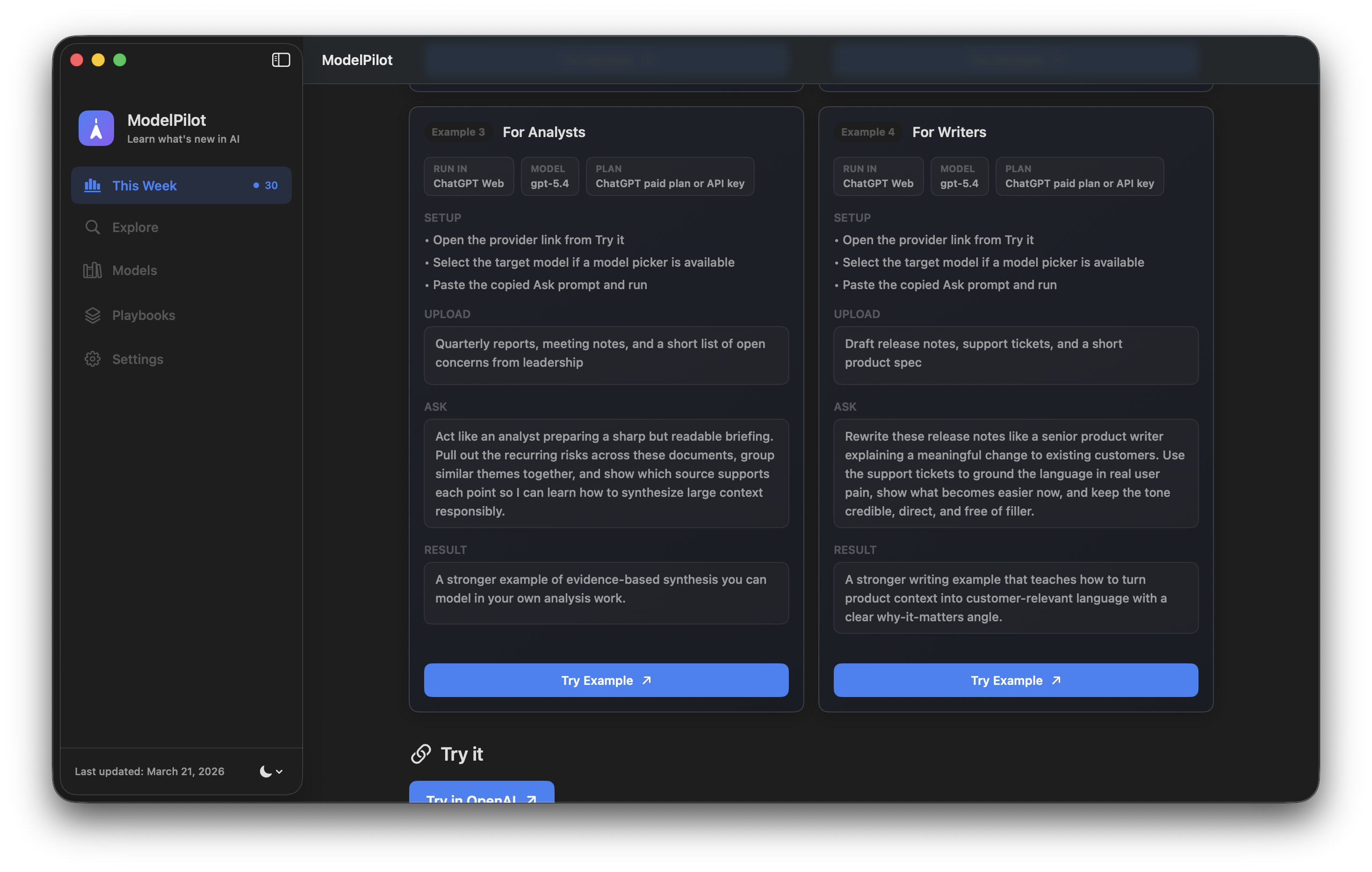 ModelPilot examples screen showing detailed prompts and outputs for analysts and writers.