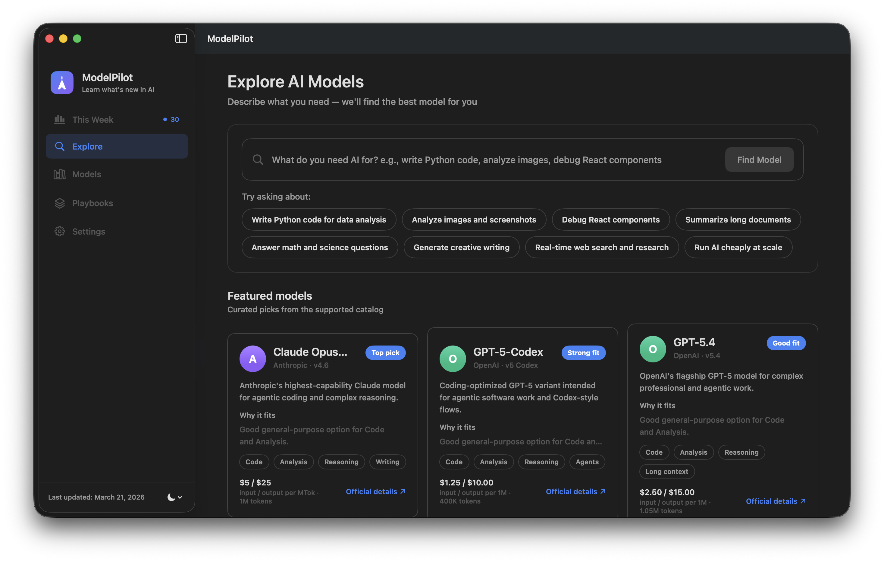 ModelPilot Explore screen showing a search-first model finder and featured model cards.