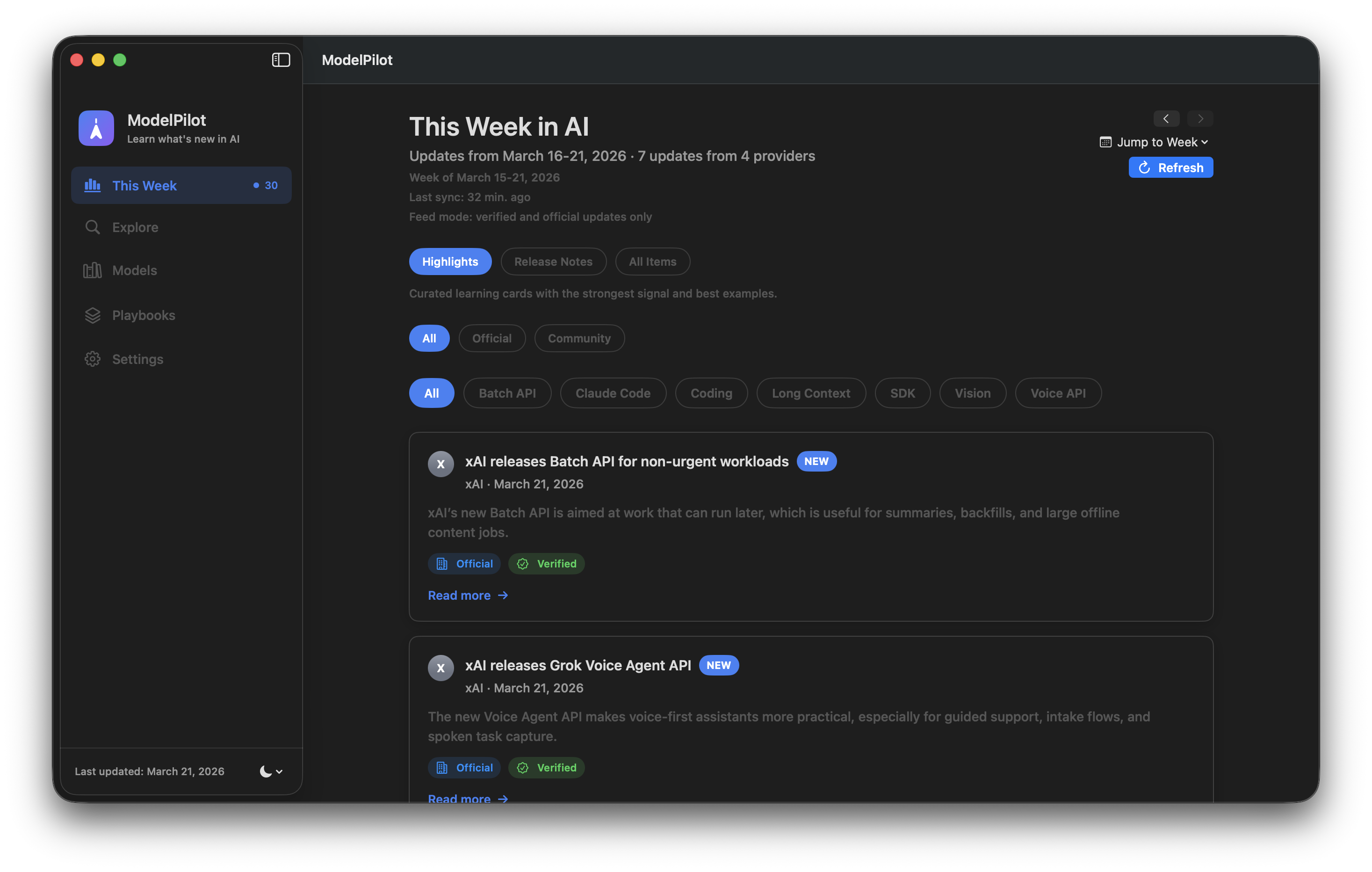ModelPilot This Week screen showing curated AI updates and trust labels.