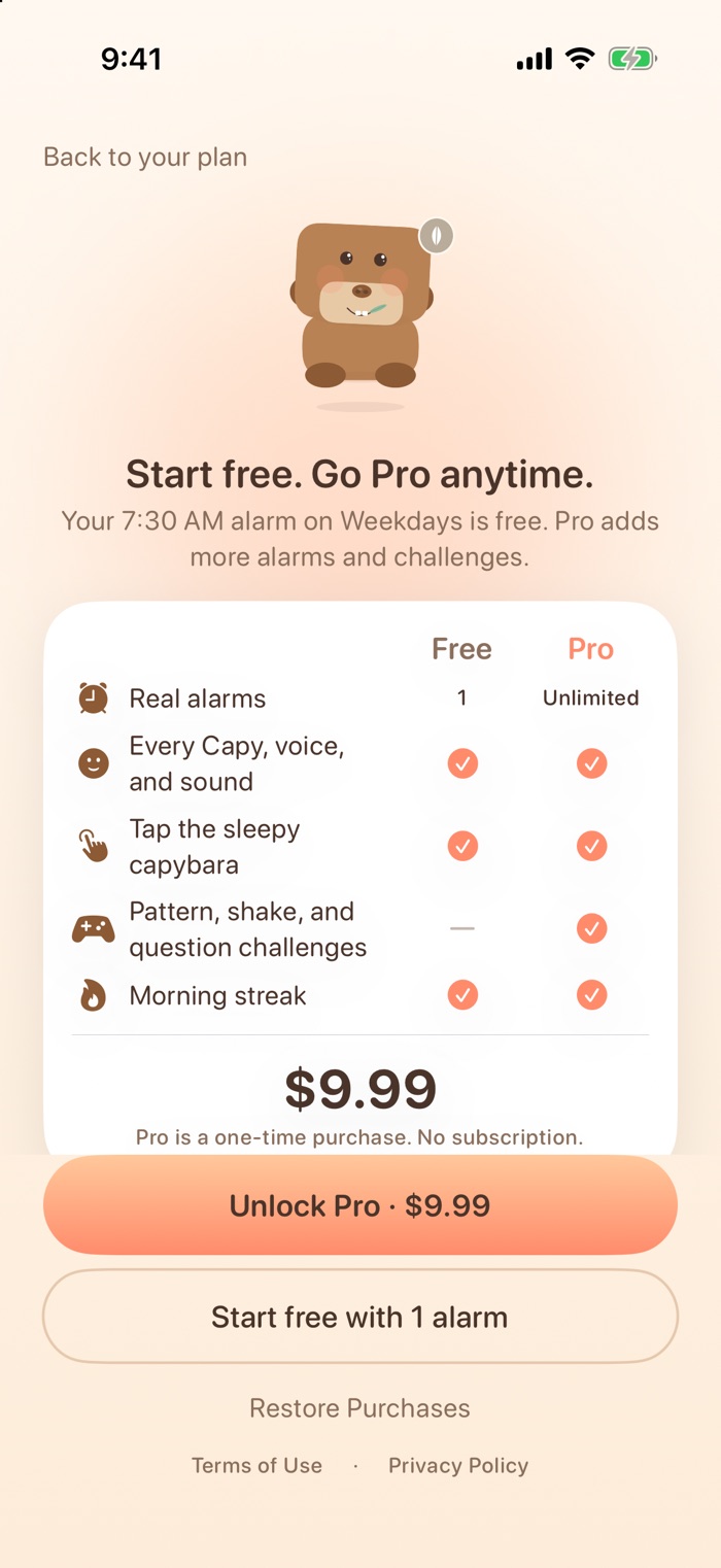 Free vs Pro screen: one alarm free, or unlock Pro once for $9.99