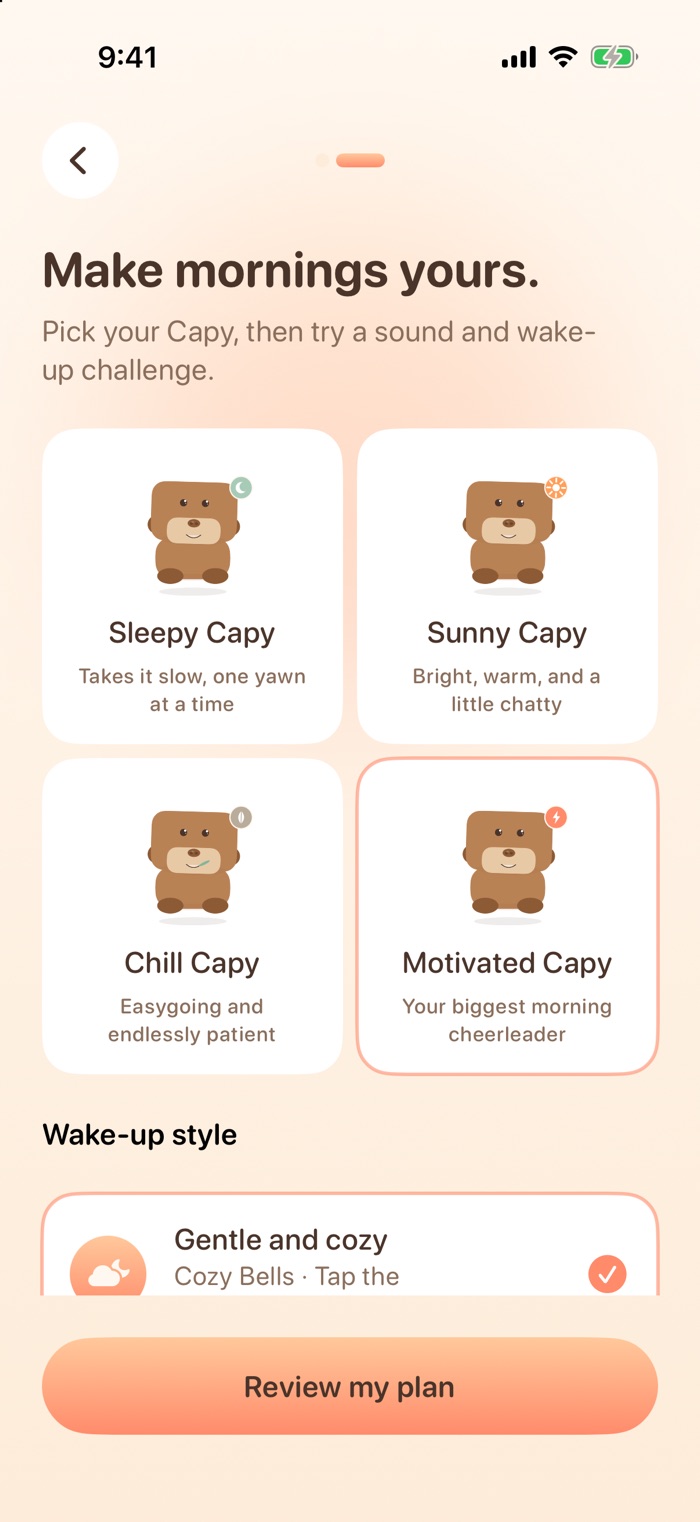 Make mornings yours: pick Sleepy, Sunny, Chill, or Motivated Capy and a wake-up style