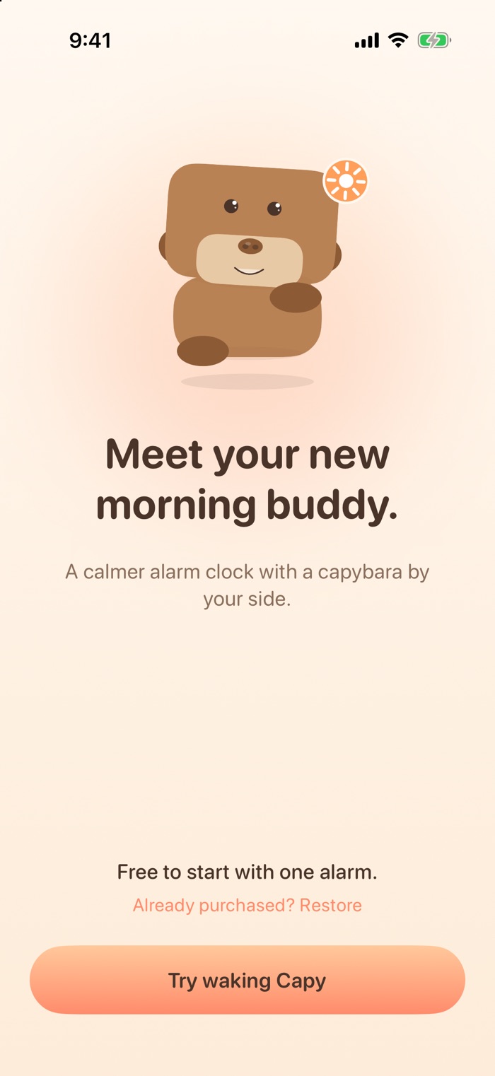 Welcome screen with the Capy mascot: free to start with one alarm
